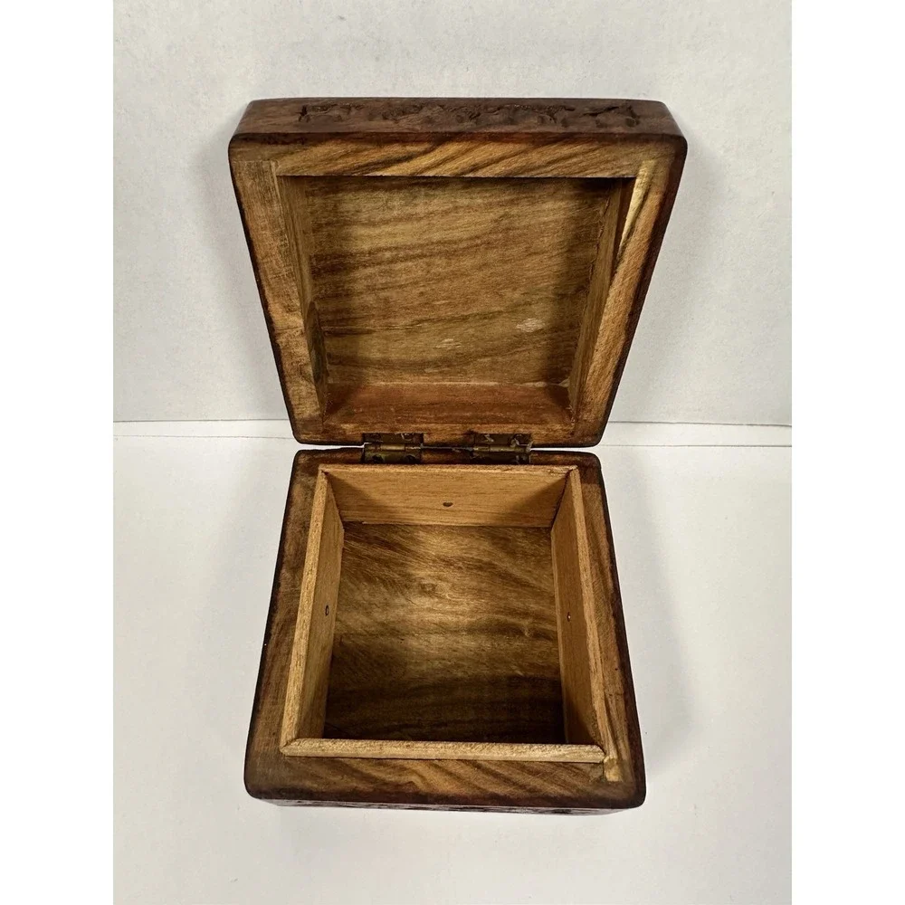 Carved Wood Trinket Jewelry Box Square Inlay Floral Made in India 4